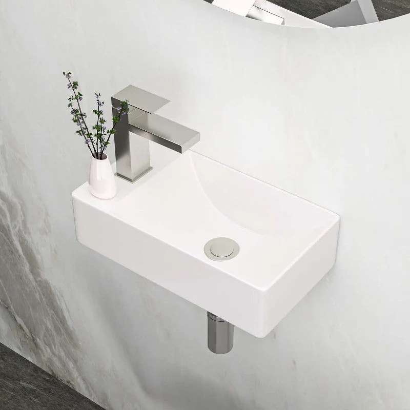 14.88 Inch White Ceramic Rectangle Wall Mount Bathroom Sink with Single Faucet Hole - 14.88" x 8.69"