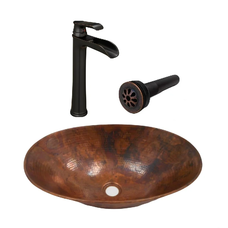 17" Naturally Fired Oval Copper Bathroom Sink Included 11" Pump Style Faucet with Drain - 17" x 12.5" x 5"