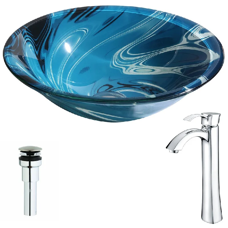 Anzzi Symphony Series Deco-glass Vessel Sink in Lustrous Dark Blue with Harmony Faucet in Chrome