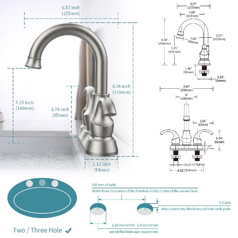 Bathroom Faucet 2-Handle Brushed Nickel with 360 Degree Rotating Spout, Pop-Up Drain and Supply Hoses