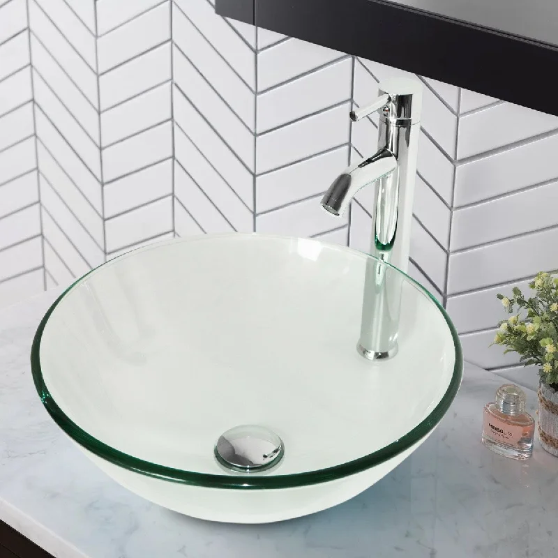 Bathroom Tempered Clear Glass Vessel Sink Chrome Faucet & Pop-up Drain