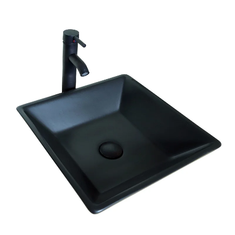 Black Ceramic Square Vessel Bathroom Sink with with ORB Faucet Drain