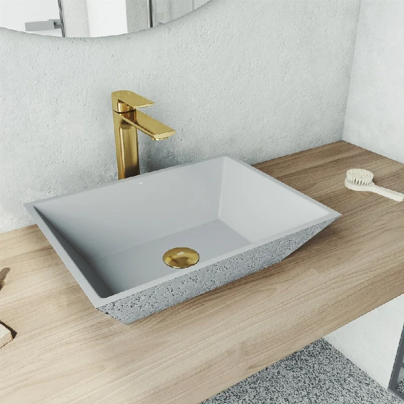 Calendula Rectangle Concrete Vessel Bathroom Sink Set in Ash with Faucet in Matte Gold