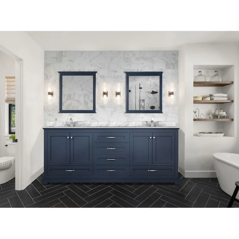 Dukes 80 in. W x 22 in. D Navy Blue Double Bath Vanity, Carrara Marble Top, Faucet Set, and 30 in. Mirrors