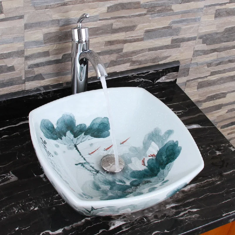 Elimax's 2027+882002 Square Oriental Lotus Style Porcelain Ceramic Bathroom Vessel Sink with Faucet Combo