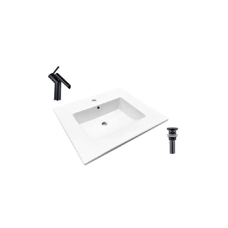 Hazara 16.3"W CUPC certified Rectangular Ceramic Bathroom Vanity Top Set in White with Black Faucet and Drain - HZR-1400