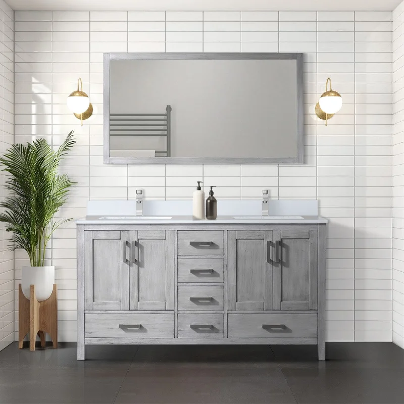 Jacques 60 in. W x 22 in. D Distressed Grey Double Bath Vanity, White Quartz Top, Faucet Set, and 58 in. Mirror