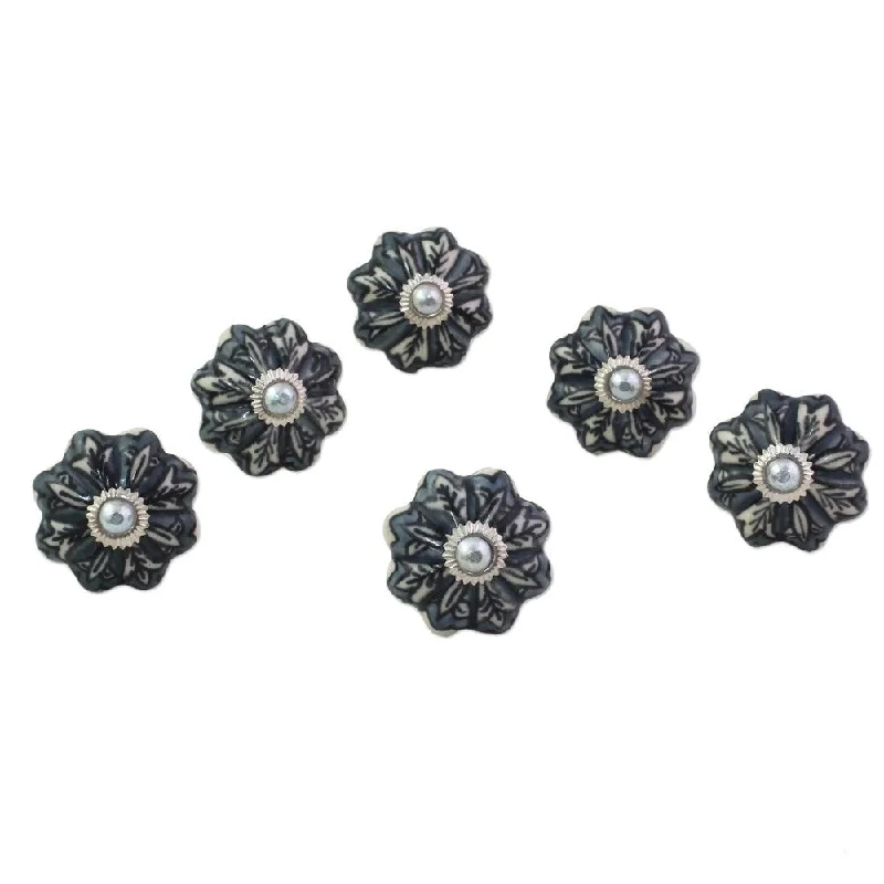 NOVICA Handmade Flower Harmony Ceramic Cabinet Knobs, Set of 6 (India)