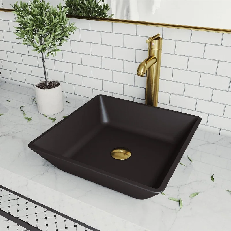 Roma Glass Rectangle Vessel Bathroom Sink Set With Seville Faucet in Matte Gold