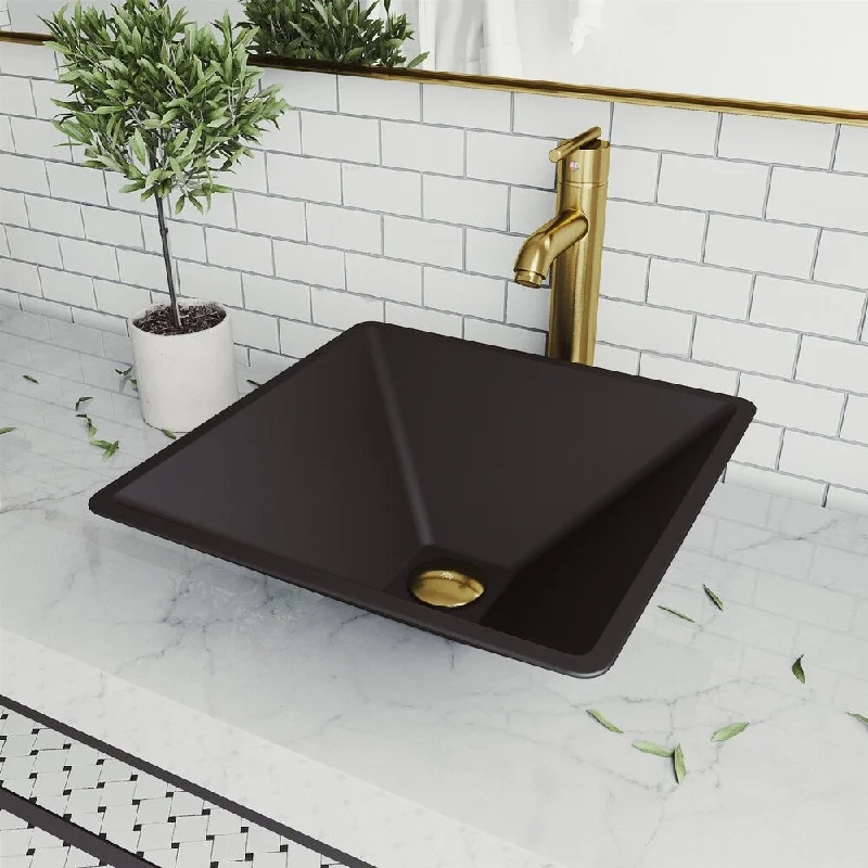 Serato Glass Square Vessel Bathroom Sink Set With Seville Faucet in Matte Gold