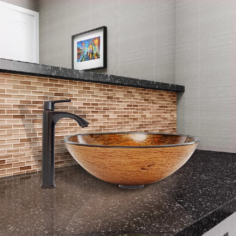 VIGO Cappuccino Swirl Glass Vessel Sink and Linus Faucet Set in Antique Rubbed Bronze Finish