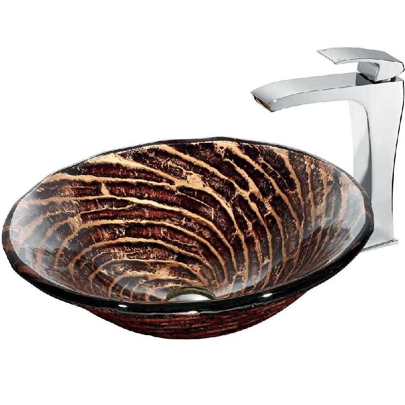 VIGO Chocolate Caramel Swirl Glass Vessel Sink and Faucet Set in Chrome