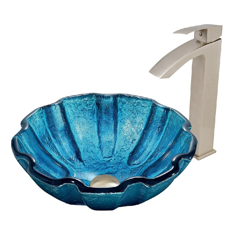 VIGO Mediterranean Seashell Glass Vessel Sink and Duris Faucet Set in Brushed Nickel Finish - Blue