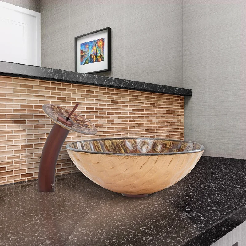 VIGO Playa Glass Vessel Sink and Waterfall Faucet Set in Oil Rubbed Bronze Finish