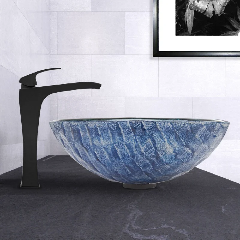 VIGO Rio Glass Vessel Sink and Blackstonian Faucet Set in Matte Black