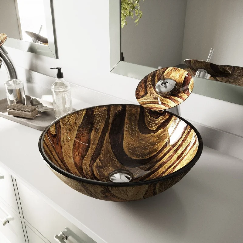 VIGO Zebra Glass Vessel Bathroom Sink and Waterfall Faucet Set