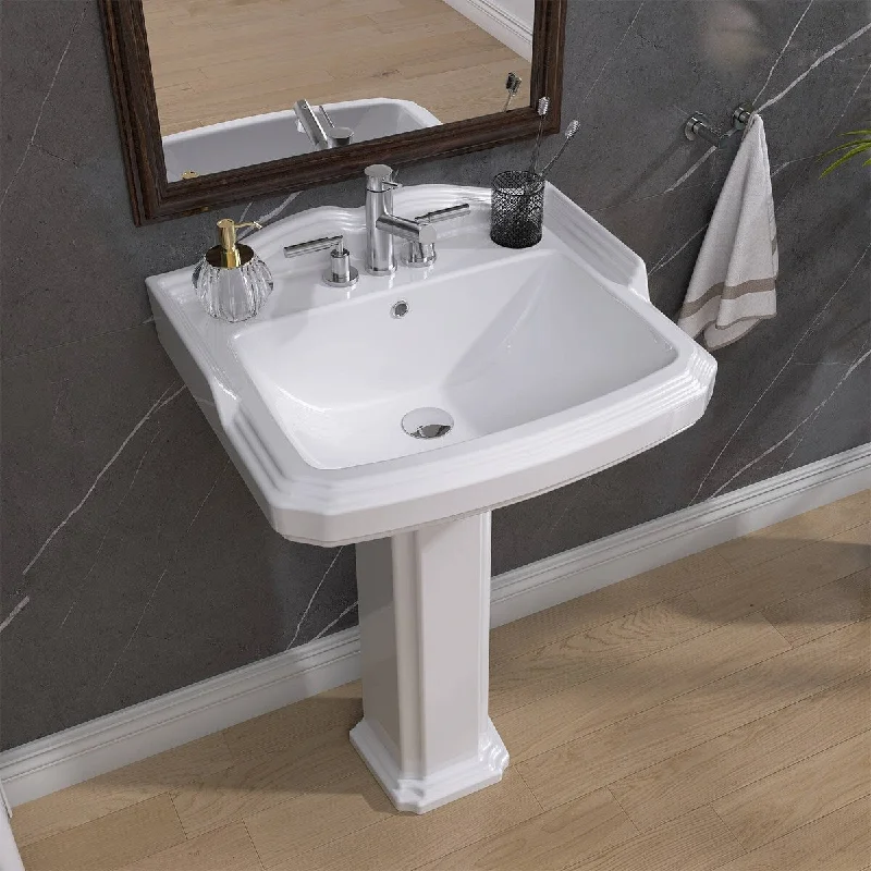 ZEAFIVE Vintage White Vitreous China Pedestal Combo Bathroom Ceramic Vessel Sink Rectangular Design with Centerset 3 Faucet Hole