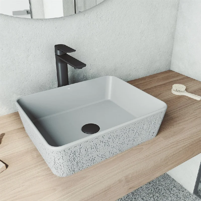 Zinnia Rectangle Concrete Vessel Bathroom Sink Set in Ash with Faucet in Matte Black