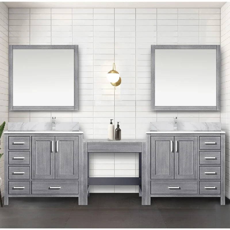 Coraline 102 in W x 22 in D Double Bath Vanity, Carrara Marble Top, Faucet Set, and 34 in Mirrors