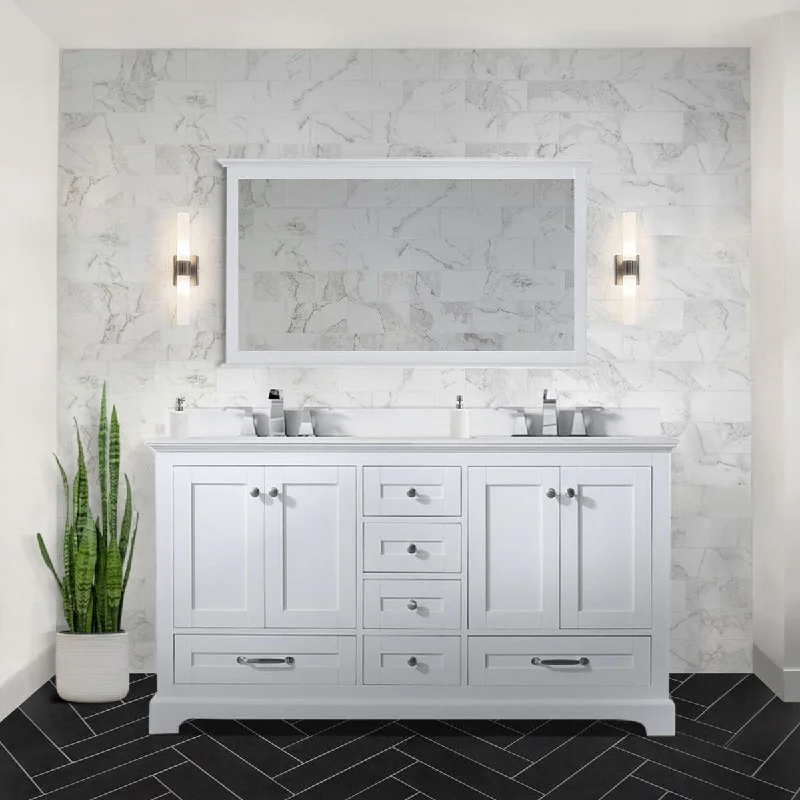 Dukes 60 in. W x 22 in. D White Double Bath Vanity, White Quartz Top, Faucet Set, and 58 in. Mirror