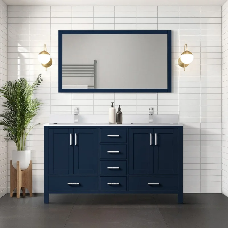 Jacques 60 in. W x 22 in. D Navy Blue Double Bath Vanity, White Quartz Top, Faucet Set, and 58 in. Mirror