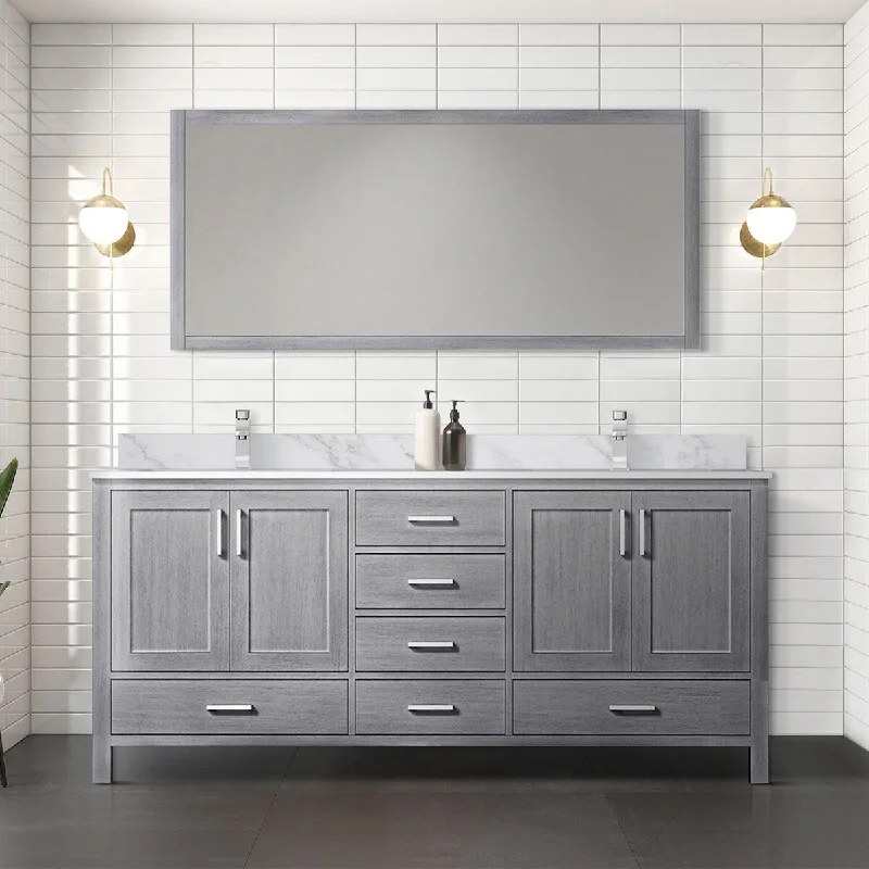 Jacques 72 in. W x 22 in. D Distressed Grey Double Bath Vanity, Carrara Marble Top, Faucet Set, and 70 in. Mirror