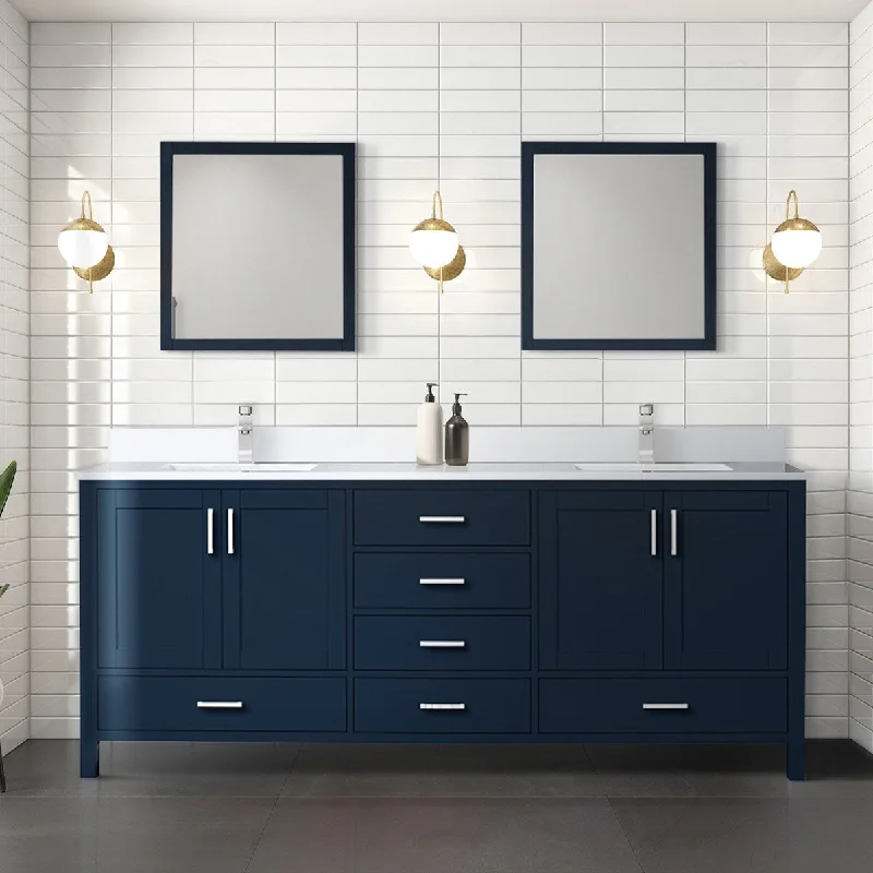 Jacques 80 in. W x 22 in. D Navy Blue Double Bath Vanity, White Quartz Top, Faucet Set, and 30 in. Mirrors