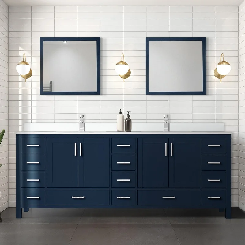 Jacques 84 in. W x 22 in. D Navy Blue Double Bath Vanity, White Quartz Top, Faucet Set, and 34 in. Mirrors