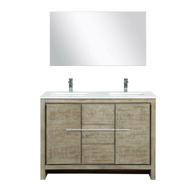 Lafarre Rustic Acacia Bath Vanity, White Quartz Top, Brushed Nickel Faucet Set and Mirror