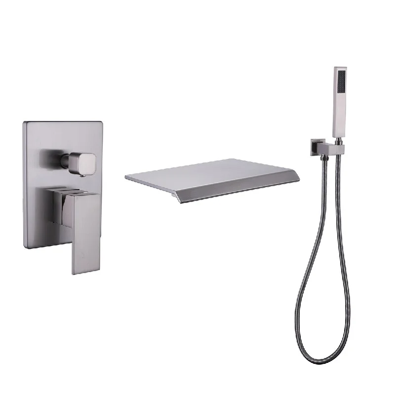 Pressure-Balance Waterfall Single Handle Wall Mount Tub Faucet with Hand Shower, Brushed Nickel