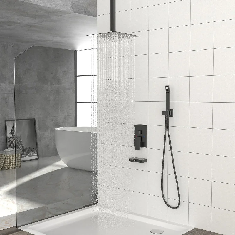 Waterfall Tub Spout Shower Faucet Set with 12 Inch Rain Shower Head